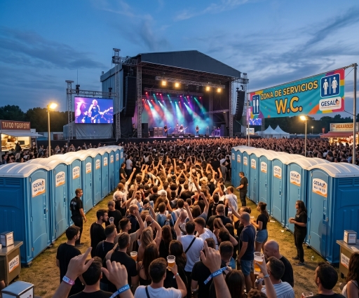 Zona VIP con baños portátiles en concierto multitudinario