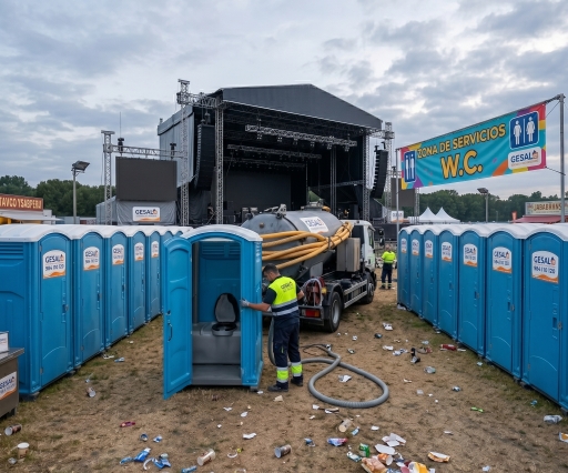 Servicio de mantenimiento y limpieza de baños portátiles durante un concierto