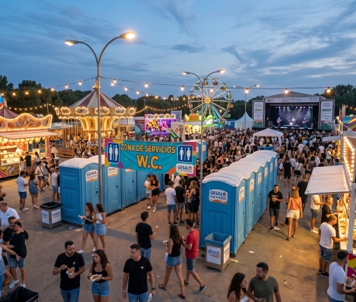 Baños portátiles estándar en zona de servicios para feria y eventos
